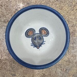 Hand-Painted Ceramic Bowl with Mouse Motif - Blue Trim
